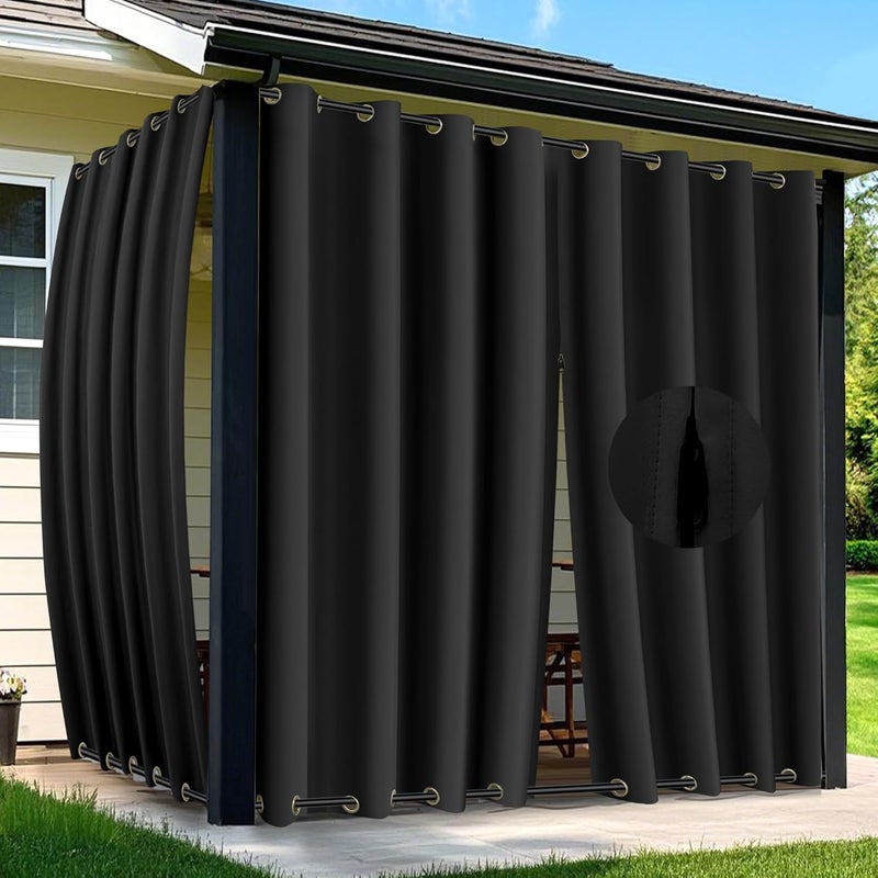 Arfntevss Outdoor Curtains for Patio Waterproof 2 Panels Blackout Extra Wide Curtains with Zipper Top & Bottom Grommet Sun Blocking Outdoor Privacy Drape for Gazebo Porch Pergola (110x108, Black) - Image 1